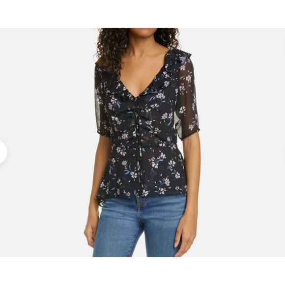 Veronica Beard Ayia Silk Chiffon Blouse Black Floral 0 Feminine Top - Picture 2 of 10